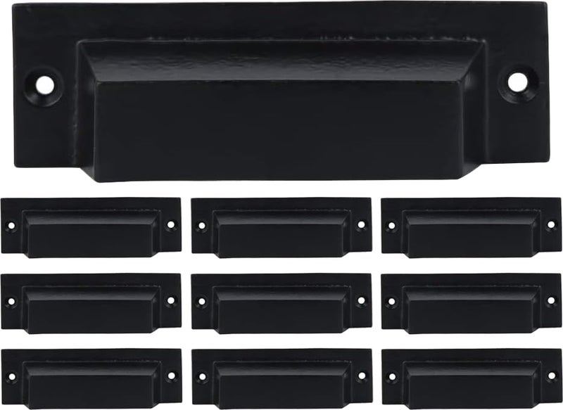 A29 Set of 10 Drawer Pulls, Industrial Cabinet Pulls for Bins, Doors, Black Kitchen Cabinet Handles and Cupboard Pulls for Drawers, Cast Iron, Black Coated Finish, 4.5 X 1 X 1.25 inch - Image 1